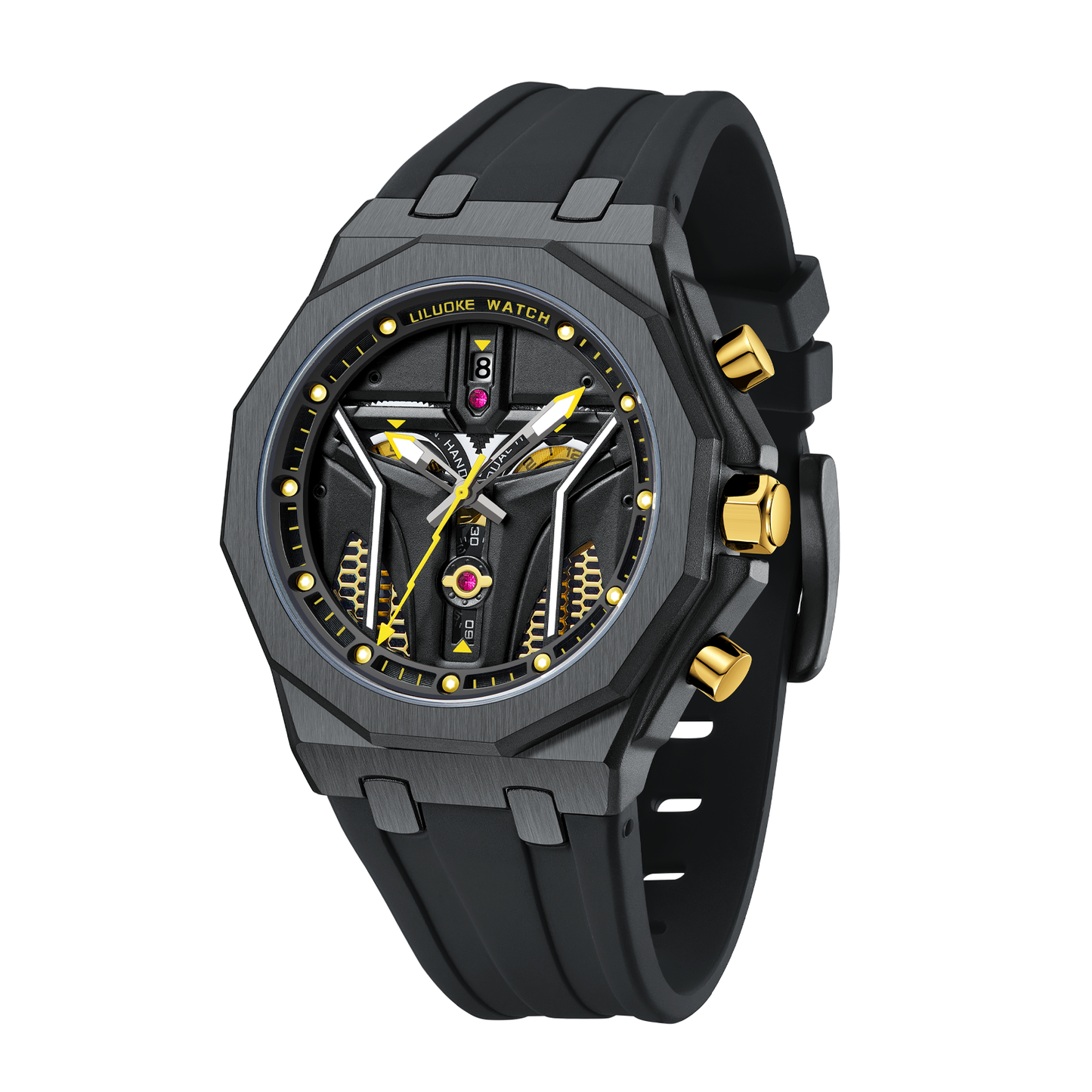 LILUOKE Watches for Men Cool Dress Watch 30ATM Luminous Skeleton Design, Star Wars' Mandalorian Concept Watches (LK9015G, DT-LK9015G-03)