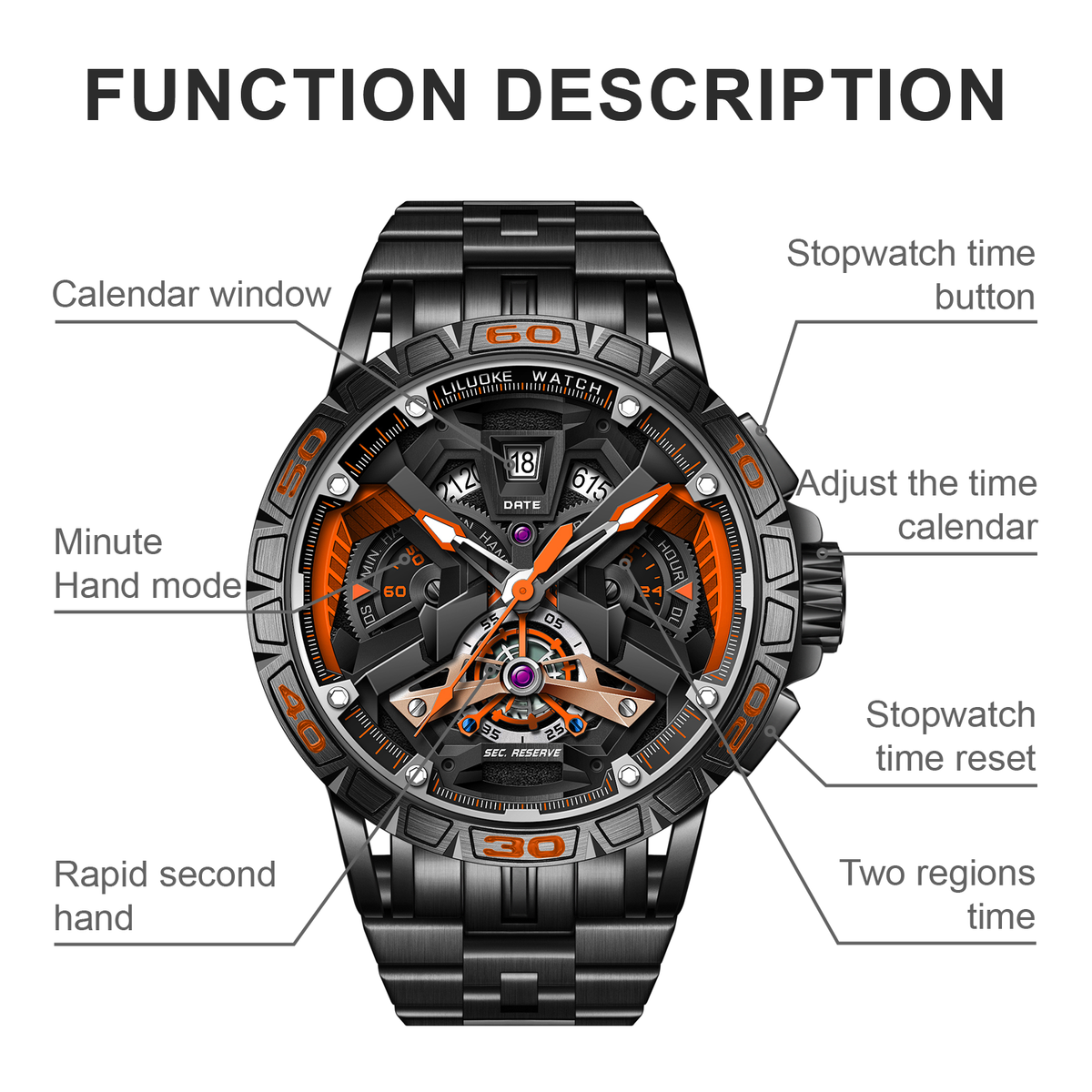 LILUOKE Watches For Men Star Quest Concept Watches Cool Dress Watch 30ATM Luminous Skeleton Design (LK9017G, DT-LK9017G-04)