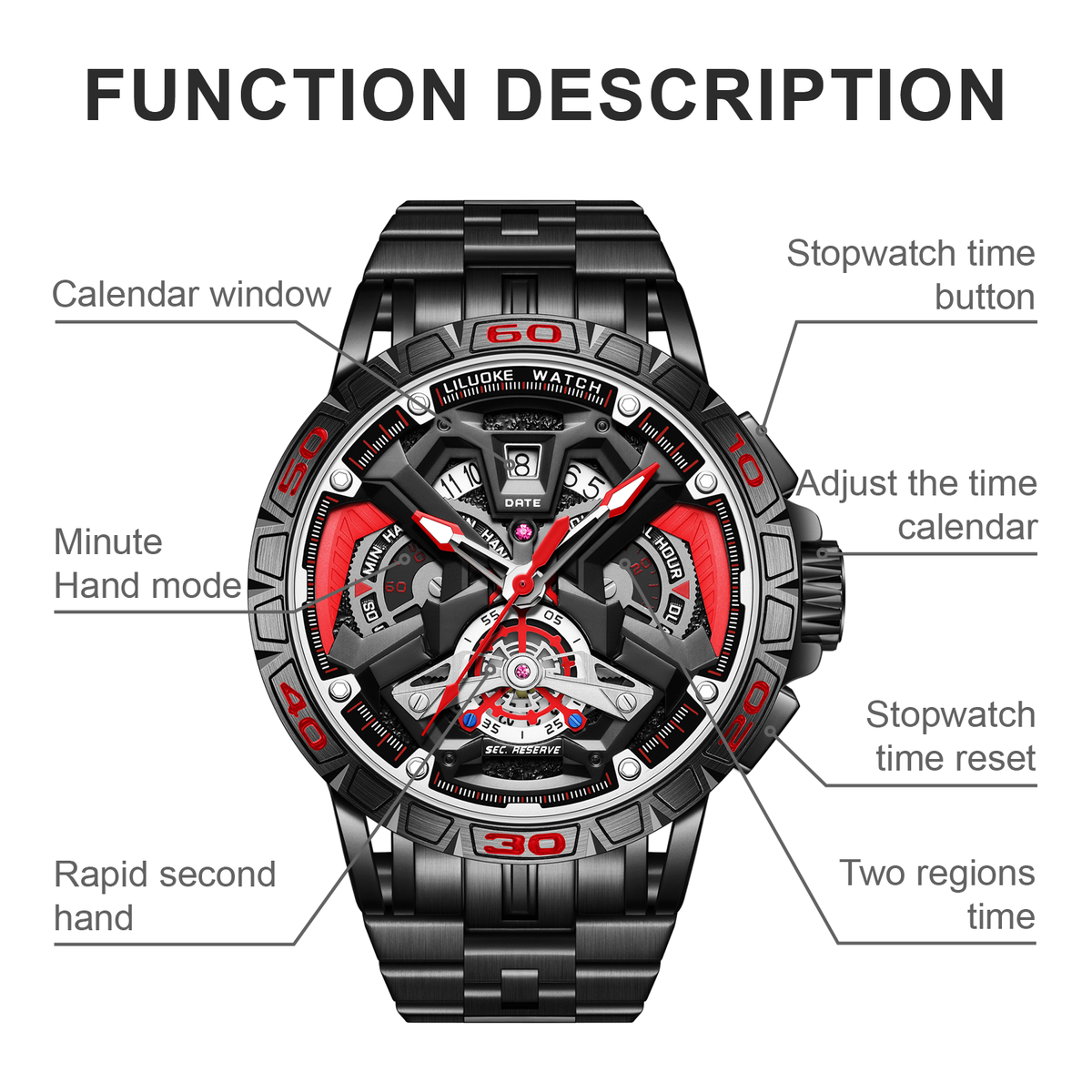 LILUOKE Watches For Men Star Quest Concept Watches Cool Dress Watch 30ATM Luminous Skeleton Design (LK9017G, DT-LK9017G-03)