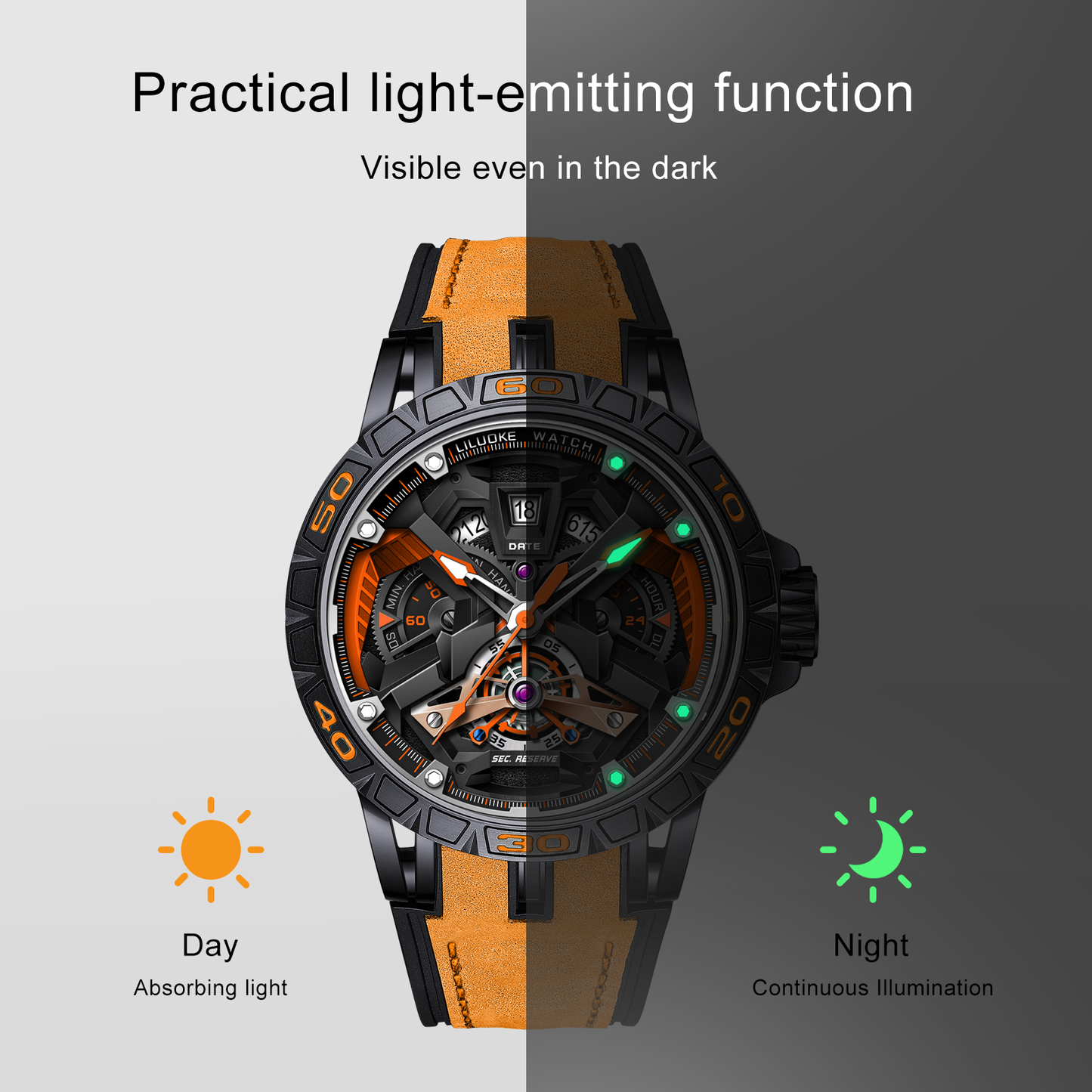 LILUOKE Watches For Men Star Quest Concept Watches Cool Dress Watch 30ATM Luminous Skeleton Design (LK9017G, DT-LK9017G-02)