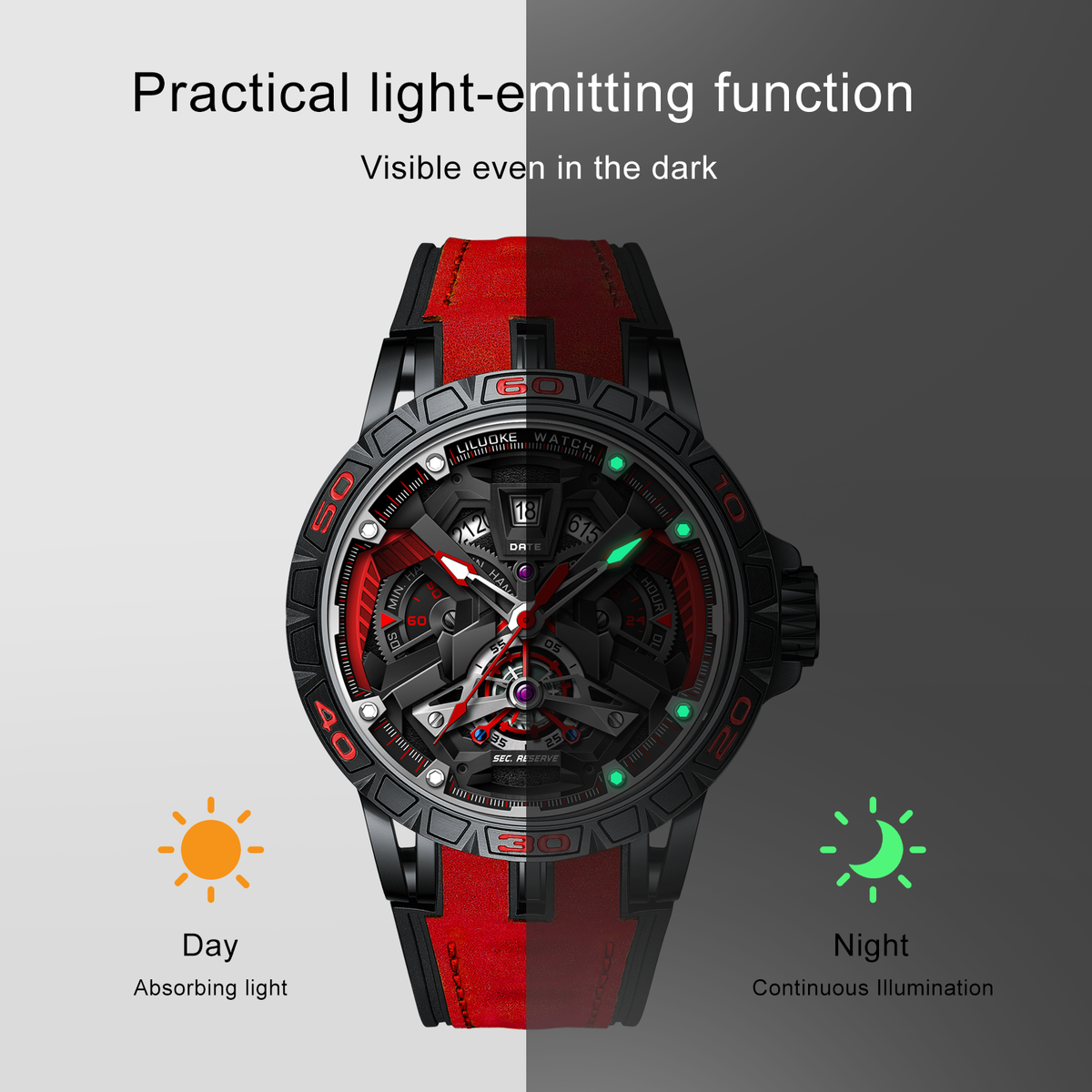 LILUOKE Watches For Men Star Quest Concept Watches Cool Dress Watch 30ATM Luminous Skeleton Design (LK9017G, DT-LK9017G-01)