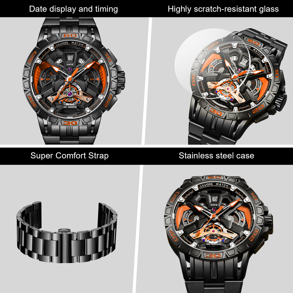 LILUOKE Watches For Men Star Quest Concept Watches Cool Dress Watch 30ATM Luminous Skeleton Design (LK9017G, DT-LK9017G-04)